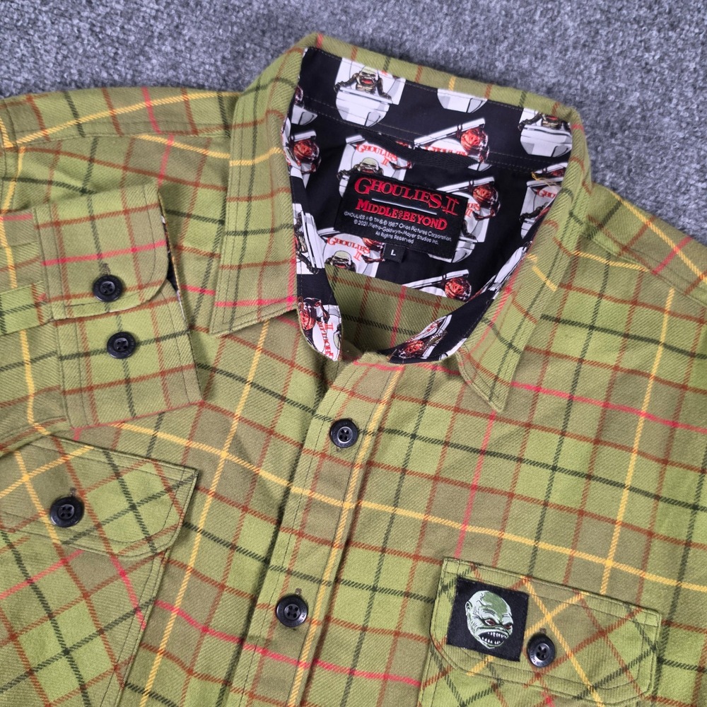 Middle of Beyond Ghoulies II Shirt Mens Large Green Plaid Horror‎ Movie Flannel
